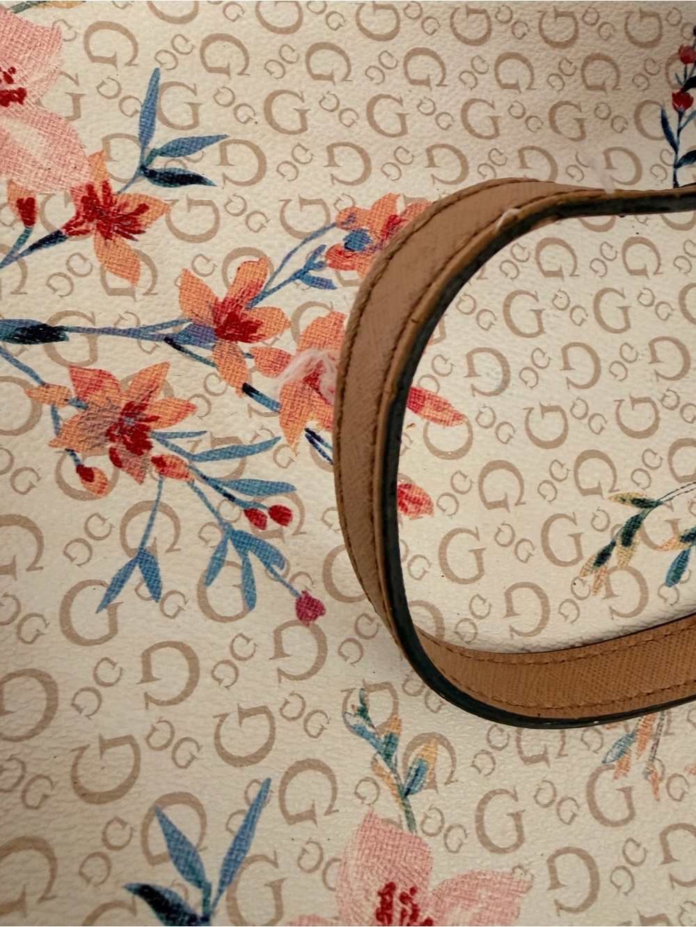 GUESS Beige Floral Tote with Tan Trim - Picture 3 of 6